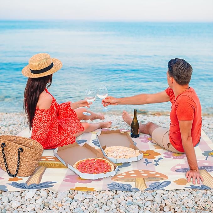 Waterproof Sandproof Beach Blanket 59''×68'' Fungal Mushrooms Polyester Outdoor Picnic Blanket with 4 Stakes &amp Storage Bag for BeachCampingVacation Flower