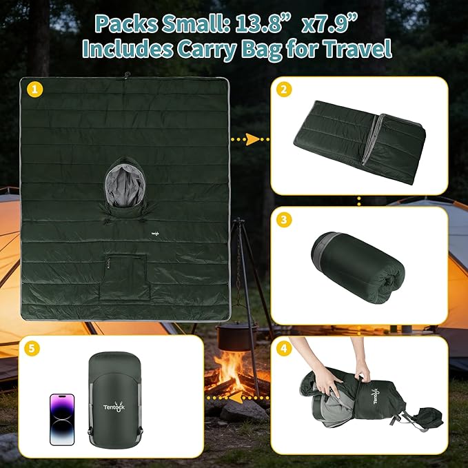 Tentock Wearable Blanket Sleeping Bag Waterproof &amp Machine Washable Poncho with Hood for Stadium Camping Wheelchair Use