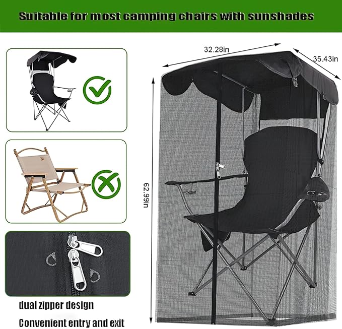 Camping Chair Mosquito Net Cover Black Mesh Insect Protection Screen 62.9x35.4x32.3 Inch with Dual Zipper Design for Outdoor Chairs with Sunshade (Black (Mosquito net))