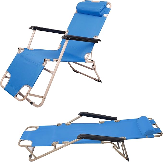 LUCKYERMORE 2 Pack Beach Outdoor Lounge Chairs Tanning Lounge Chair and Full Flat Cot 2 in 1 Folding Reclining Chairs for Outdoor Lawn Beach Pool Camping 60 L x 19 W Blue