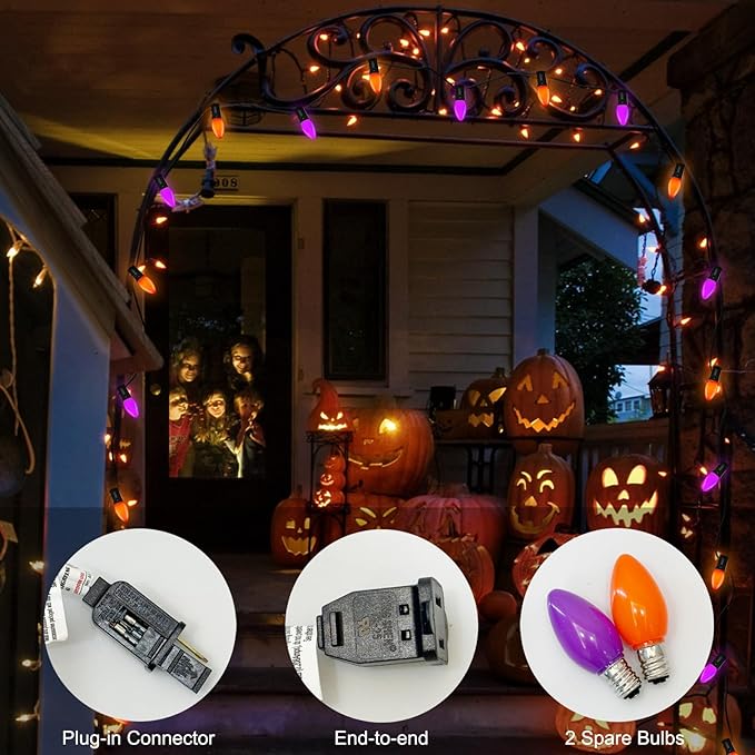 SUNSGNE C7 LED Halloween String Lights Outdoor 25FT Orange Purple String Lights with 27 Shatterproof Plastic LED Bulbs(2 Spare) for Patio Balcony Backyard Decor Black Wire