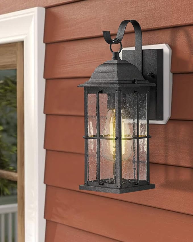 zeyu 1-Light Outdoor Wall Sconce Lantern 14 inch Exterior Light Fixtures Wall Mount in Black Finish with Seeded Glass Shade 20071B1