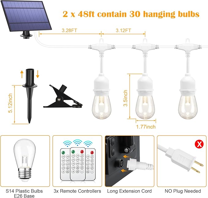 Mlambert 96FT(2x48FT) 3-Color in 1 Dimmable Solar String Lights Outdoor Remote Patio String Lights with 30+5 LED Bulbs for Pergola Outside-White Cord