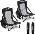 SUNNYFEEL Folding Low Camping Beach Chair 2 Pack Lightweight Portable Lawn Chair with Mesh Back Cup Holder for Outdoor/Travel/Picnic/Concert Foldable Camp Backpack Chair with Carry Bag