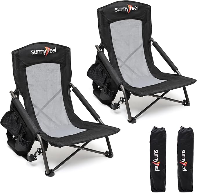 SUNNYFEEL Folding Low Camping Beach Chair 2 Pack Lightweight Portable Lawn Chair with Mesh Back Cup Holder for Outdoor/Travel/Picnic/Concert Foldable Camp Backpack Chair with Carry Bag