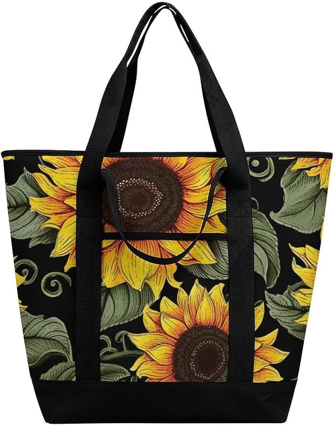 Insulated Shopping BagLarge Reusable Cooler Bags Floral Sunflower Printed Foldable Shopping BagTravel Waterproof Shoulder Bag