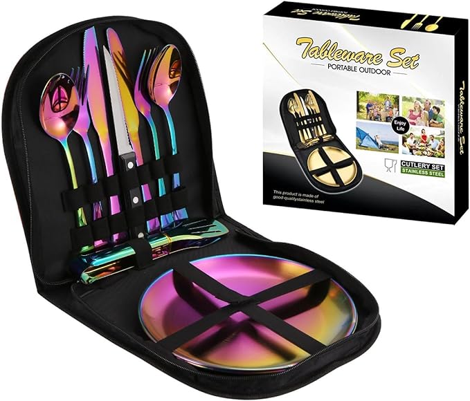 Camping Mess Kits with Portable Case Stainless Steel Outdoor Picnic Dinnerware Set with Plate Spoon Fork Knife Cloth Napkins