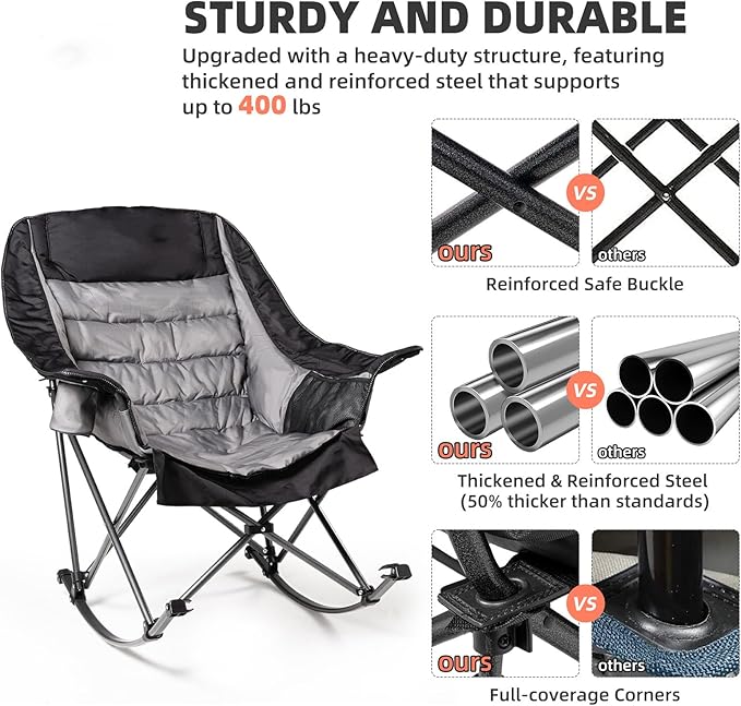 Oversized Rocking Camping Chair for Adults - 400lbs Capacity Padded Camp Chair with Cup Holder Portable Foldable Outdoor Rocker Chair for Camping Backyard Patio (Black &amp Gray)