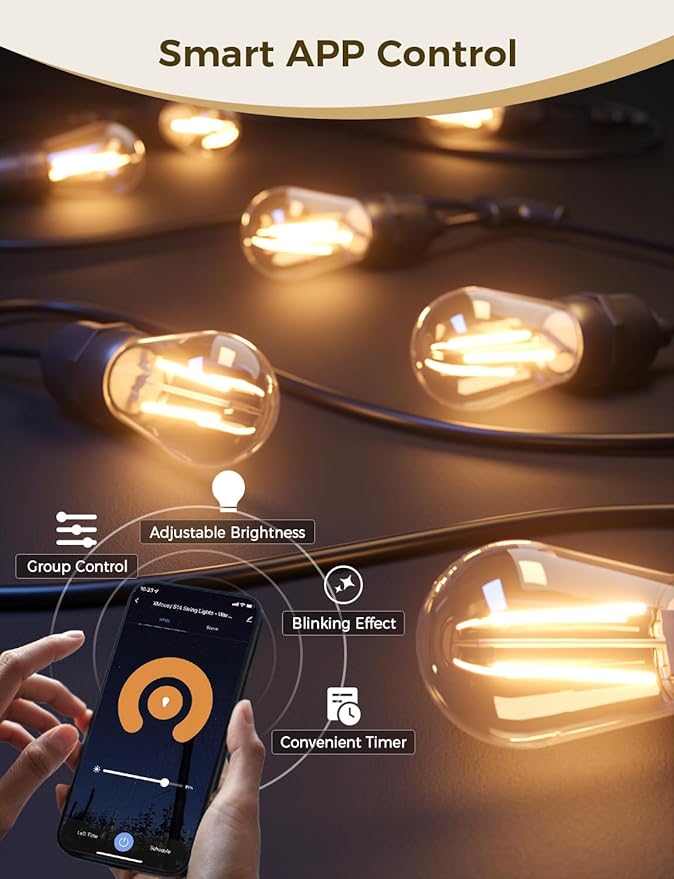 XMCOSY+ Smart Outdoor String Lights 123Ft LED Patio Lights Waterproof IP65 App Control Compatible with Alexa Dimmable Edison Bulbs Outdoor Light for Yard Porch Bistro Outside