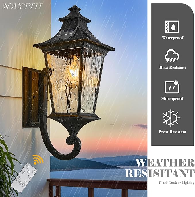 Waterproof Solar Sconces Lights Outdoor with Remote Control 20.9 Inch Height Large Size Solar Wall Lights with Water Ripple Glass Dusk to Dawn Outdoor Lighting Include LED Bulb