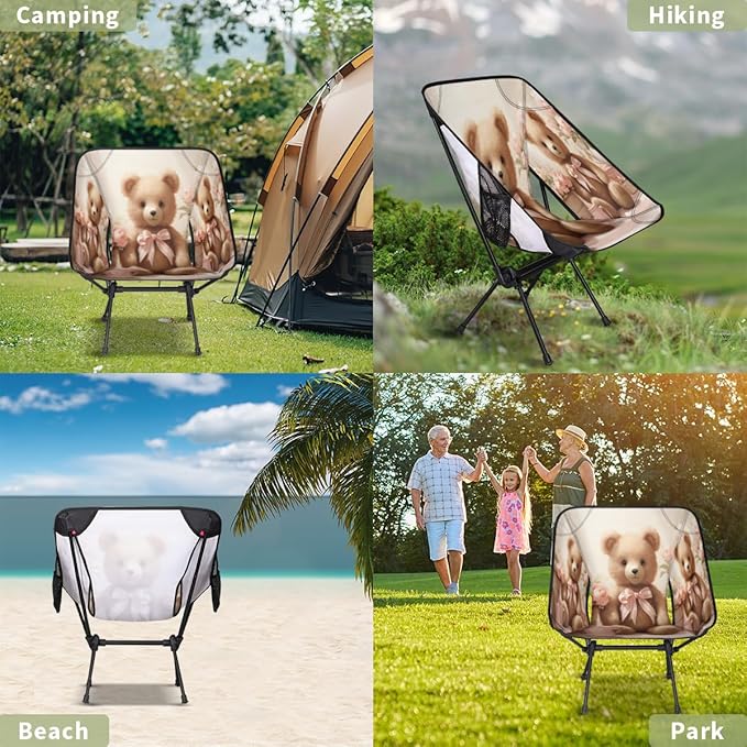 Bear Pattern Camping Chair Lightweight Portable Chairs for Adults Easy Installation Outdoor Foldable Camping Chair for Camping Fishing Hiking Picnic Beach