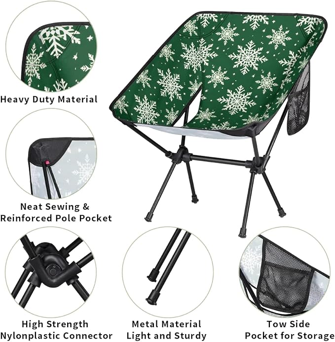 Portable Camping Chair Christmas Snowflakes Ultralight Folding Camping Chair Gothic Snowflakes Backpacking Hiking Chair with Cup Holder for Outdoor Travel Beach Picnic Festival 176 lbs Capacity