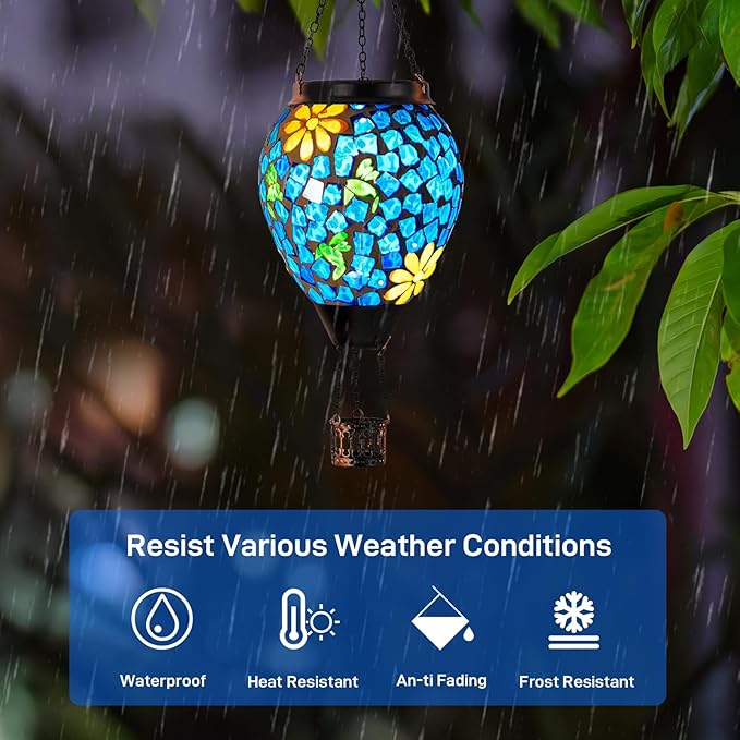 Hummingbird Solar Hot Air Balloon Lantern with Flame Blue Hanging Mosaic Solar Lantern Outdoor Waterproof Outdoor Solar Lights for Yard Gardening Gift for Mom Grandma Women