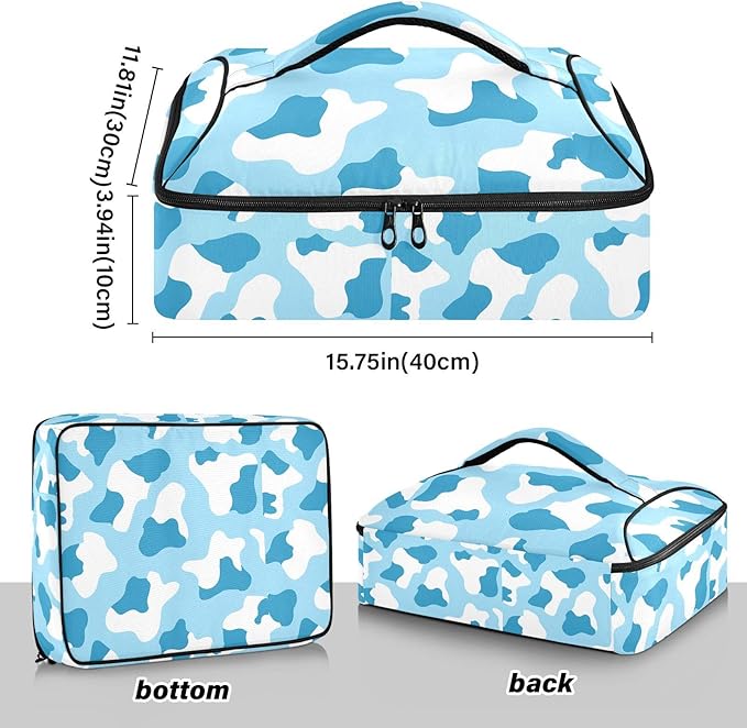 Casserole Carrier Blue and White Cow Print PatternInsulated Casserole Carrier for Hot or Cold Food Thermal Lunch Tote for Potluck Parties Picnic Beach Fits 9 x 13 Inches Baking Dish