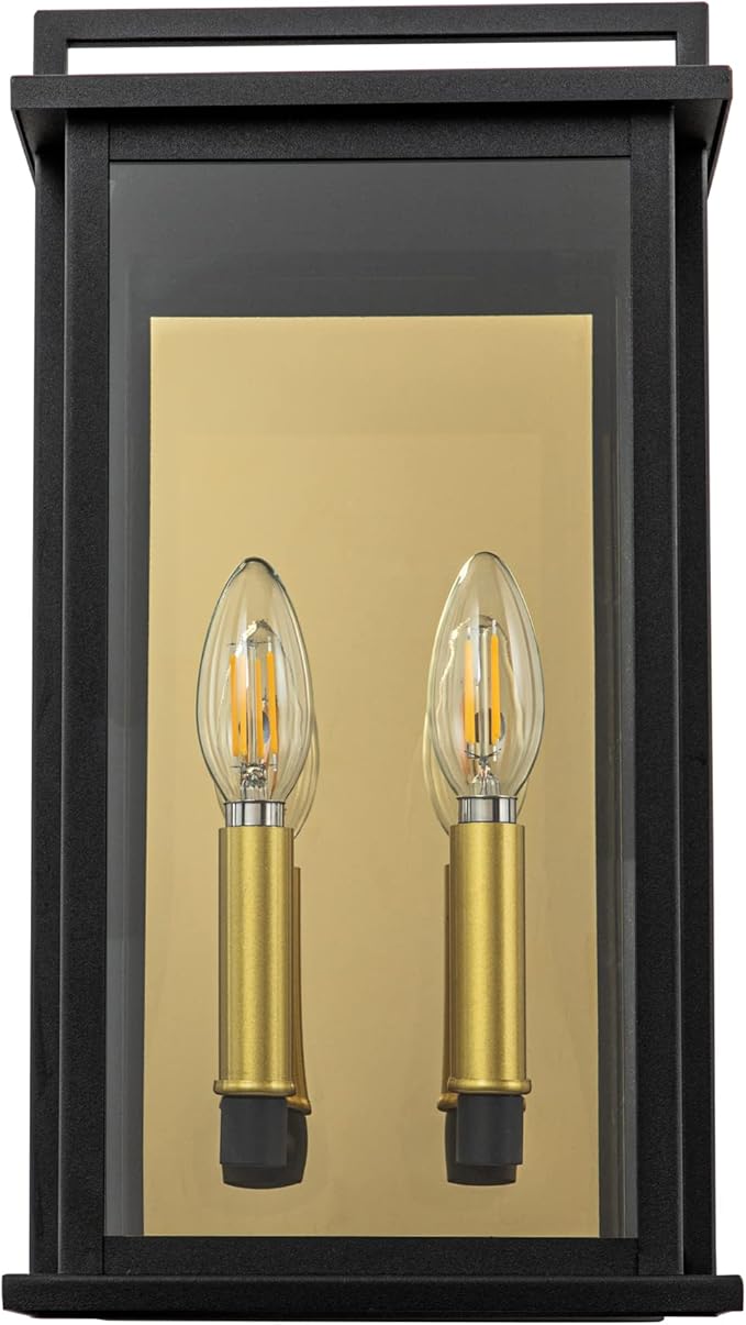 Outdoor Wall Lights with Clear Glass Black Exterior Porch Lights Wall Mount Outdoor Wall Sconce with Gold Candelabra Interior Wall Lantern Patio Light Fixture for House Entryway Garage