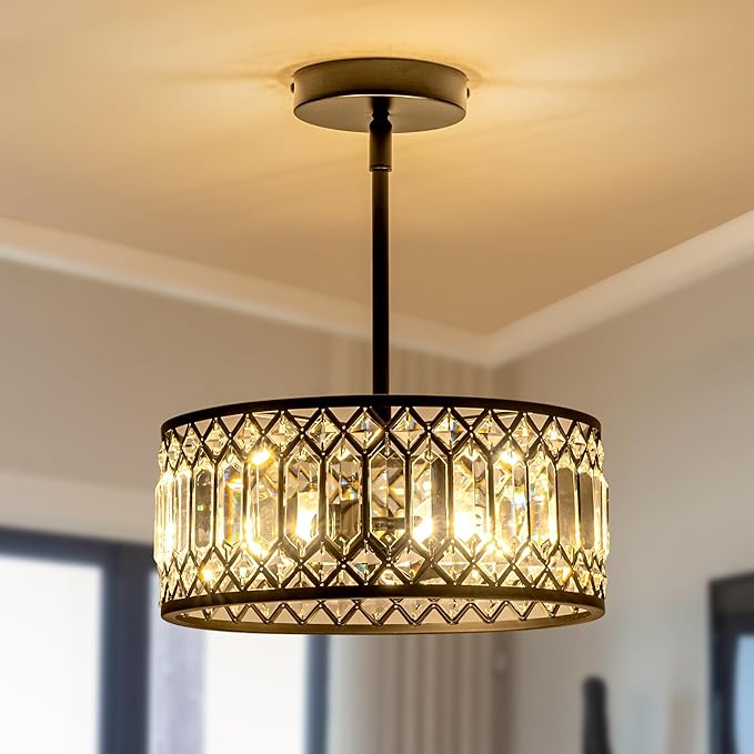 3-Light Crystal Ceiling Light Modern Semi Flush Mount Light Fixture Black Crystal Chandelier for Kitchen Bedroom Bathroom Entryway Hallway
