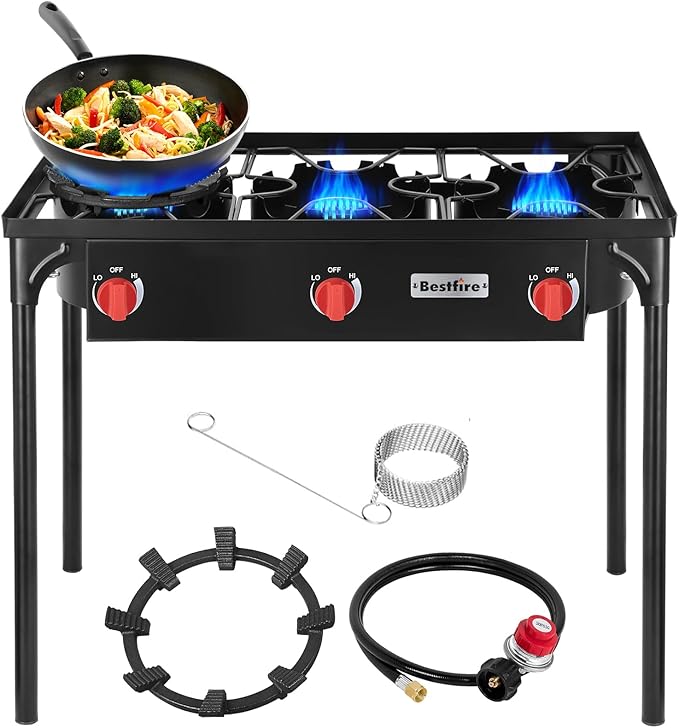 Bestfire 3 Burners Camping Stove for Cooking Outdoor 225000 BTU Propane Burners with Ignition wire&ampRemovable Legs Temperature Control Knobs and 20 PSIG High Pressure Regulator for BBQ