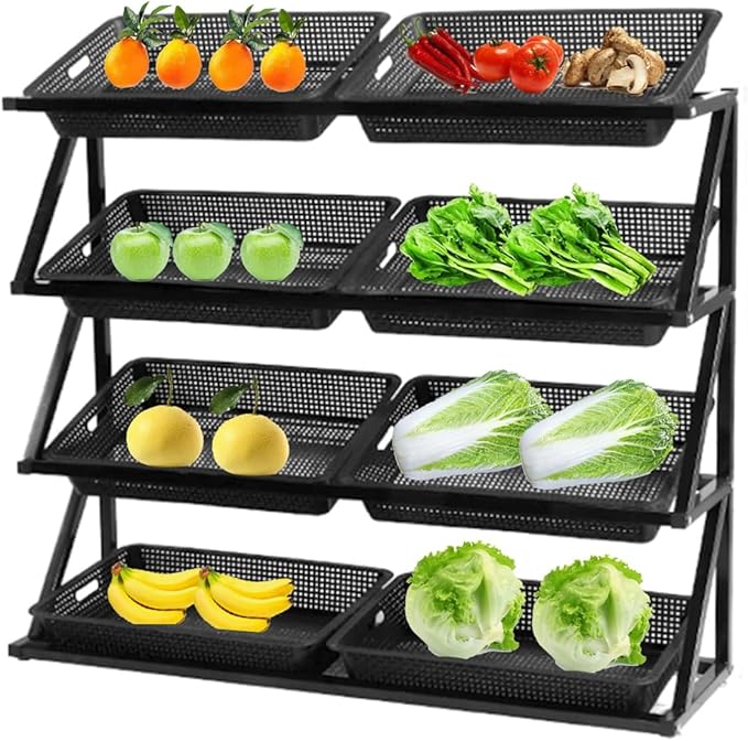 Store Display Rack Wall Mounted Storage Rack Supermarket Convenience StoreCommercial Supermarket Vegetable &amp Fruit Shelf Organizer 4-Tier Snack Rack Display with 8 Baskets Large Capacity