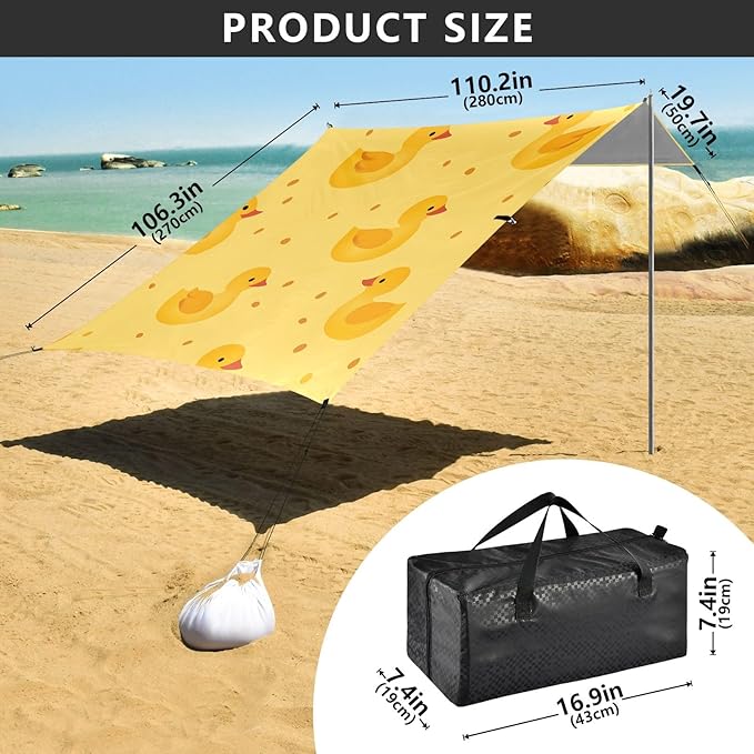 Little Yellow Duck Yellow Background Pattern Camping Sun Shelter Beach Tent Portable Beach Sun Shade Outdoor Canopy for Camping Trips Fishing Picnic