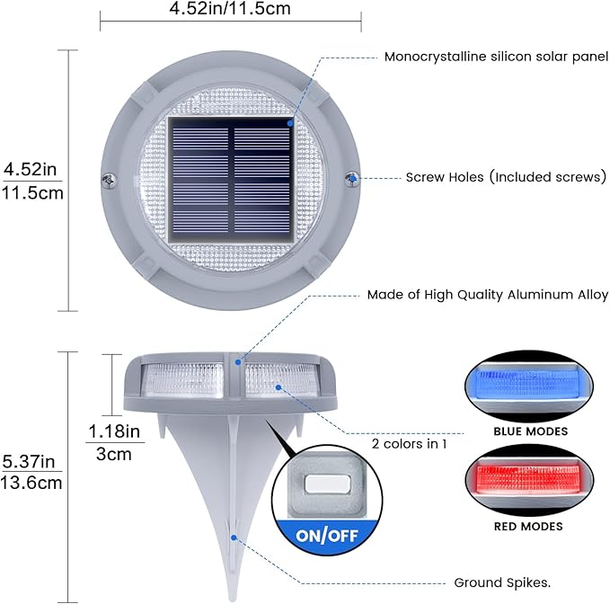 SIEDiNLAR Solar Deck Lights Outdoor 2 Modes 16 LEDs Dock Light Driveway Markers Solar Powered Waterproof for Ground Step Stair Pathway Walkway Garden Yard Road 12 Pack (Blue/Red)