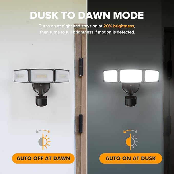 LUTEC 2 Pack 72W 7500LM LED Security Lights Motion Sensor Light Outdoor 5000K Daylight IP65 Waterproof Dusk to Dawn 3-Head Motion Detected Flood Light for Garage Yard Porch(Brown)