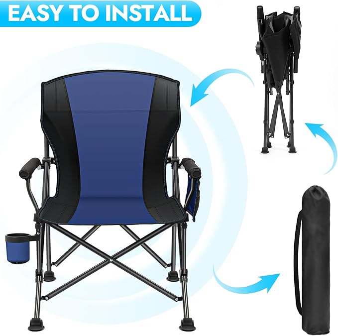 2 Pack Oversized Folding Camping Chair for Adults Supports 450 LBS Camping Chairs Heavy Duty Camping Chair with Side Pockets Foldable Outdoor Chair for Camping Beach Fishing Hiking Blue-Black