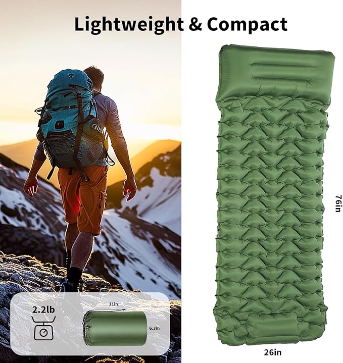 Camping Sleeping PadSelf Inflating Sleeping Pad with Pillow Built-in Foot Pump Ultralight Portable Inflatable Sleeping Pads for Outdoor Camping BackpackingHikingTentsIncludes Carry Bag