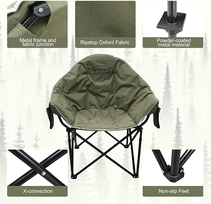 Oversized Camping Chair Portable Folding Moon Chair with Side Pocket Heavy Duty Outdoor Chair for Camping 400lbs Support (Green)