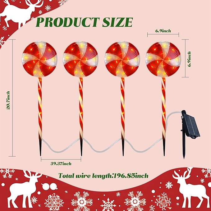 Candy Christmas Decorations Pathway Outdoor Solar Lights 29 inches 80 LED Lighted Lollipop Solar Christmas Lights with 8 Modes Waterproof String Lights Outdoor Lights for Yard Patio Walkway-4PCS