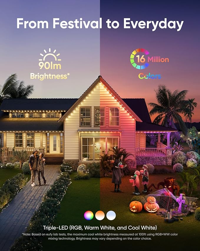 eufy Permanent Outdoor Lights E22 100ft with 60 Triple-LED Lights Smart RGBWW Daily and Holiday Up to IP67 Waterproof AI Lighting Themes for Halloween Christmas Links with Cameras Black
