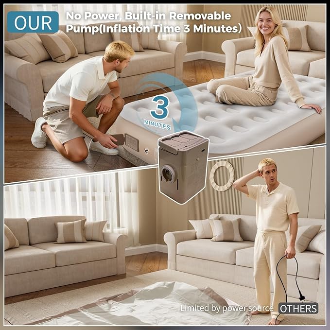 Twin Size Air Mattress - 4000mAh Built-in Rechargeable Pump 10 Inch Foldable Blow Up Air Bed for Camping Travel 3-Minute Quick Inflation/Deflation Colchon Inflable Mattress Khaki