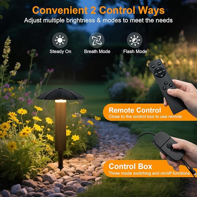 6-Pack Low Voltage Pathway Lights Kit: 24V Plug-in Landscape Lighting kit with Remote/Dusk to Dawn 3W 3000K IP65 - All-in-One Set Easy DIY Install