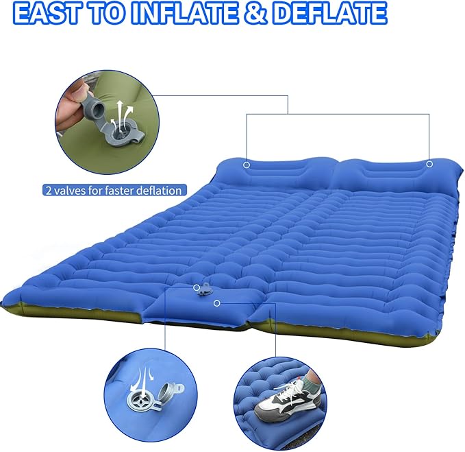 Double Camping Sleeping Pad 4 Inch Thickness Ultra-Portable Easy Inflation No Mouth Blowing Needed
