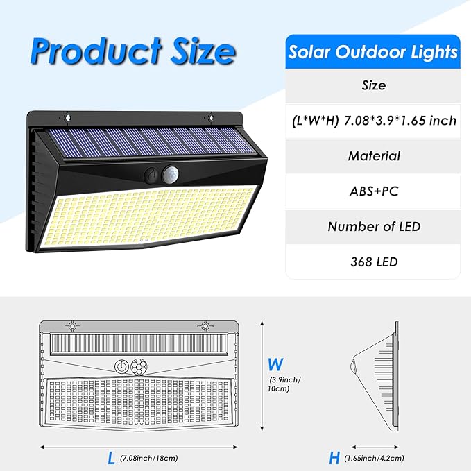 5 Pack 368 LED Solar Lights Outdoor Motion Sensor Solar Fence Light with 3 Lighting Modes Solar Powered Security Lights Waterproof for Outside Yard Wall Garden Backyard Step Garage