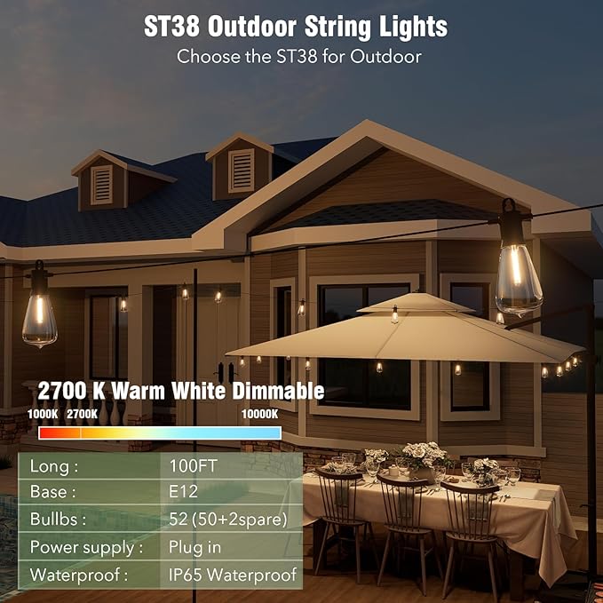 Outdoor String Lights 150ft LED Patio Lights with 78 (75+3 Spare ST38 Shatterproof Bulbs) IP 65 Waterproof Outside Hanging Light for Cafe Bistro Backyard (150 ft-78 Bulbs)