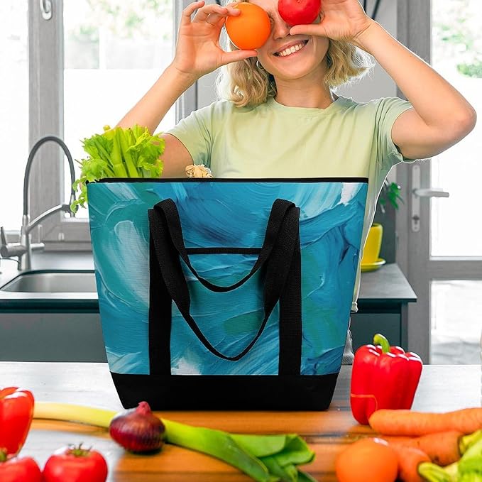 Insulated Shopping BagLarge Reusable Cooler Bags Blue Oil Paint Texture Printed Foldable Shopping BagTravel Waterproof Shoulder Bag