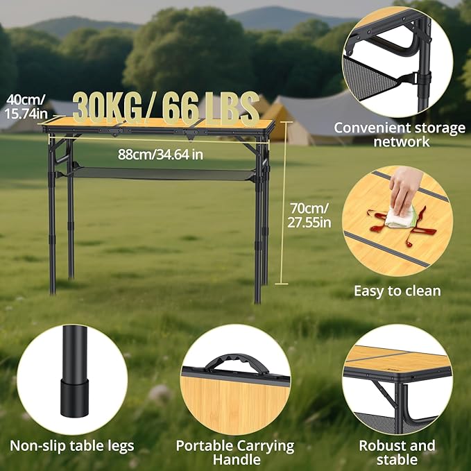 Anbte 3ft Camping Table Foldable with Storage Net and Bag 3 Adjustable Heights High 27.5 Aluminum Camping Table Portable for Outdoor Indoor Backyard BBQ Cooking Party Picnic Beach Light Oak Grain