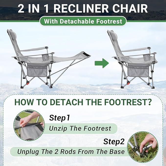 #WEJOY 2-in-1 Reclining Camping Chair Lightweight Folding Camping Chair with Adjustable Backrest &amp Footrest Camping Lounge Chair with Headrest Cup Holder Storage Bag for Beach Lawn Concert