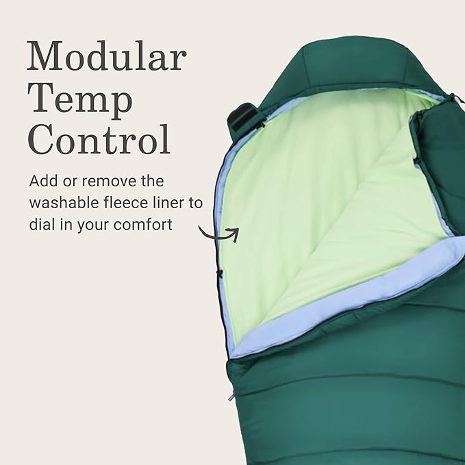 Coleman Cozy 30°F Sleeping Bag with Integrated Removable Fleece Liner Built in Stuff Stack for Easy Storage Easy Zip Easy Clean Green