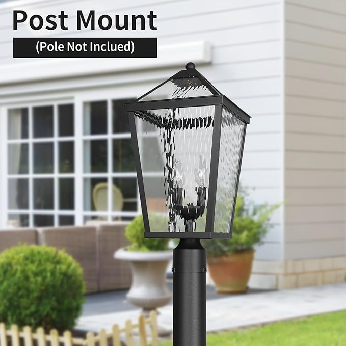 Treekee Outdoor Post Light Fixture Modern Black Pole Lantern with Water Ripple Glass &amp E12 Sockets Exterior Post Cap Lamp for Garden Pathway Courtyard Patio Porch Driveway Street