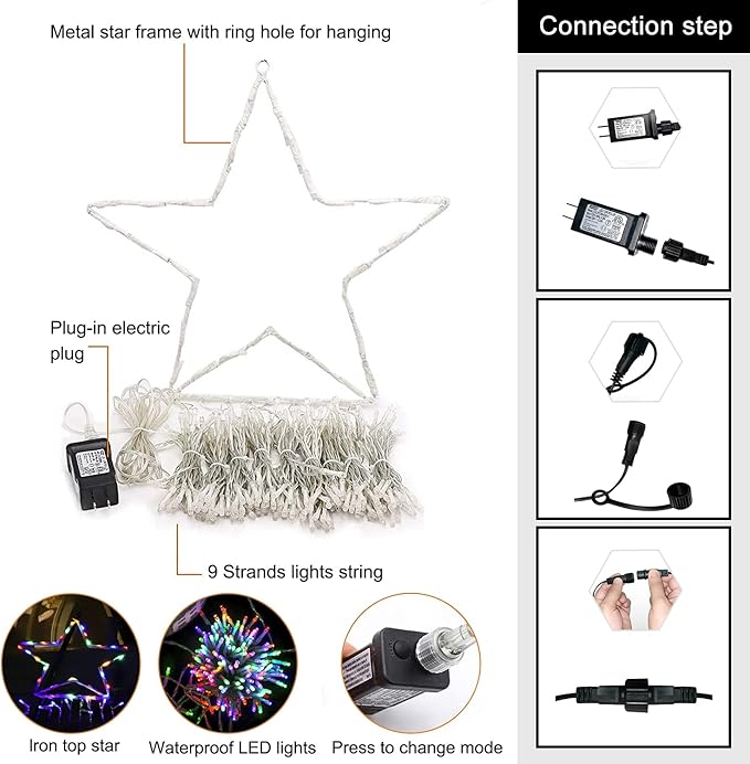 PUHONG Christmas Lights Decorations Star Lights 320 LED Christmas Tree Lights Outdoor Outdoor String Lights 8 Light Modes with 12 Lighted Star for Xmas New Year (Iron-Multicolor)
