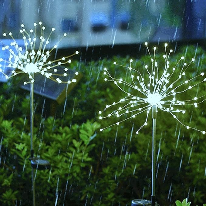 Solar Firework Lights 2Pcs Garden Lights Outdoor Waterproof 120 LED with 8 Modes Twinkling and Steady-On Festive daysStarburst Lights for Path Patio Yard (Cool White)