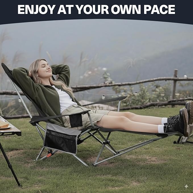 2-in-1 Reclining Camping Chair Portable Folding Beach Lounge Chair with Footrest &amp Adjustable Backrest Comfortable Lawn Chair for Adults Heavy Duty with Cup Holder for Outdoor Poolside Sports
