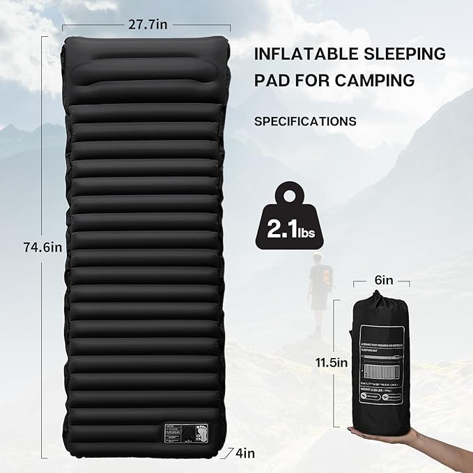 Inflatable Sleeping Pad for Camping Ultralight Camping Mat Air Mattress Built-in Pump Durable Waterproof Compact Sleeping Mat for Outdoor Backpacking Hiking Black