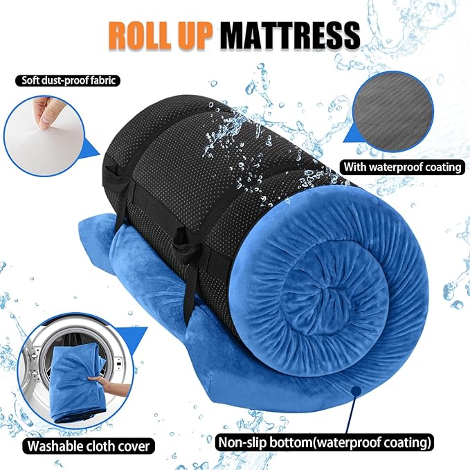 Sleeping Pad3-inch Thick Memory Foam Camping MattressPortable Roll-Up Mat for Car/Tent/Floor/Cot/TravelComfortable Pad for Guests Sleepover