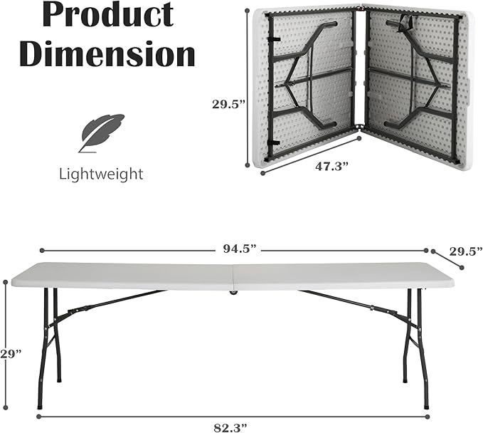 8 Foot Folding Table Portable Outdoor Folding Table Camp Table with Built in Handle &amp Steel Legs Heavy Duty Plastic Foldable Table Picnic Table 8ft Table Party Table Easy to Carry and Storage