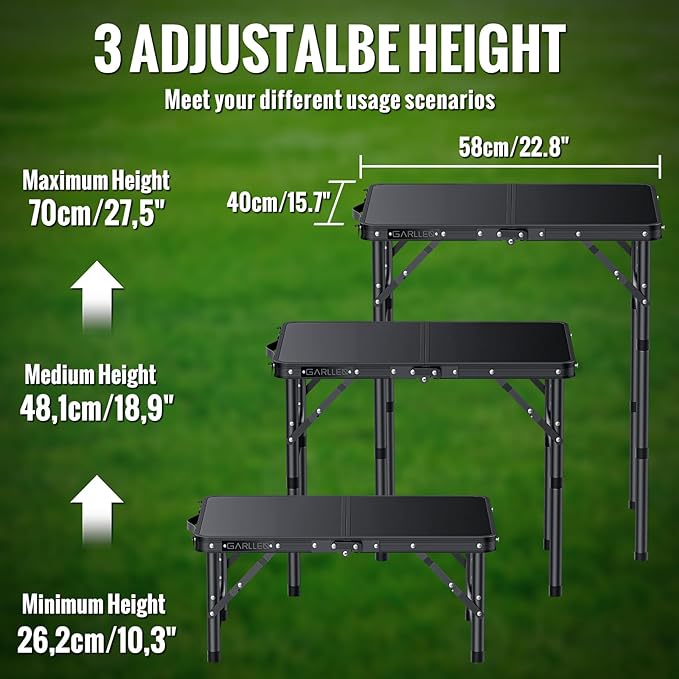 GARLLEN 2ft Folding Camping Table 3 Adjustable Height Lightweight Folded Picnic Table Portable Aluminum Grill Table for Camping BBQ Outdoor 22.8 L x 15.7 W Black
