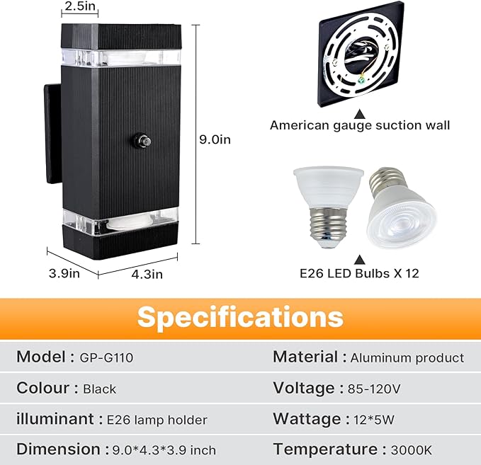 Outdoor Wall Lights 6 Packs Integrated LED Up Down Lights Modern Black Outdoor Wall Light with Dusk to Dawn Sensor Aluminum Exterior Wall Light for Porch Patio Door