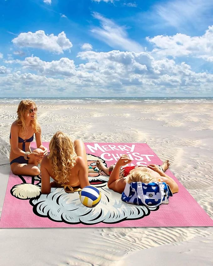 Beach Blanket Waterproof Sandproof Oversized Merry Christmas Words on Pink Beach Mat with Corner Stakes Sand Pockets Funny Santa Claus Outdoor Picnic Mat for Travel Camping Hiking 95x80In
