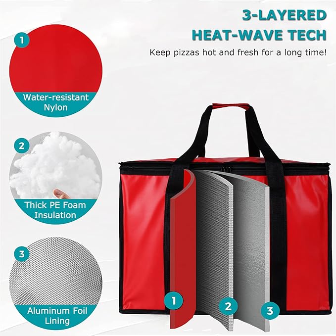 cherrboll Insulated Pizza Delivery Bag 20 by 20 by 14 -Inch Commercial Grade Food Delivery Bag Moisture Free (Red)